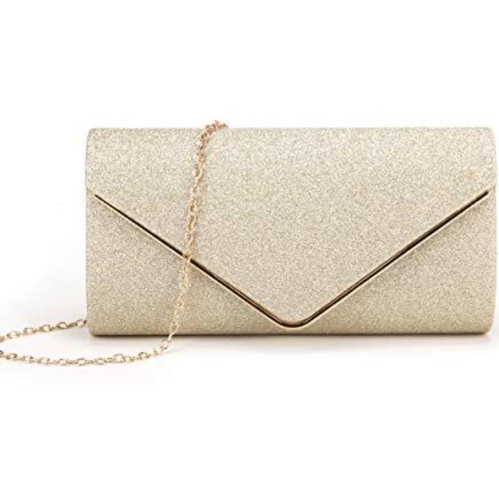Gold clutch purse handbag shoulder glittering evening
